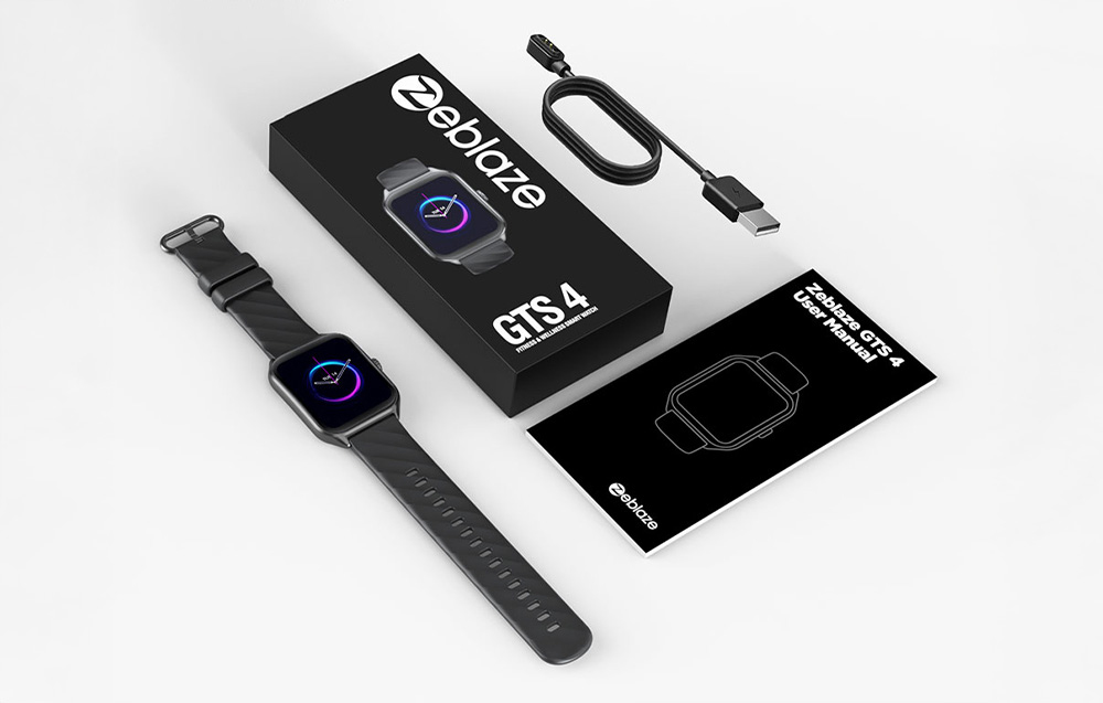 Zeblaze kit showing the smartwatch with strap, box, charging cable and user manual