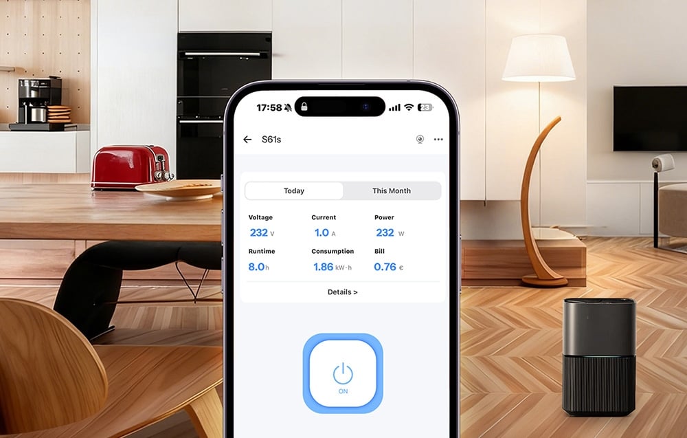 A smartphone displaying energy consumption data, with a modern kitchen in the background