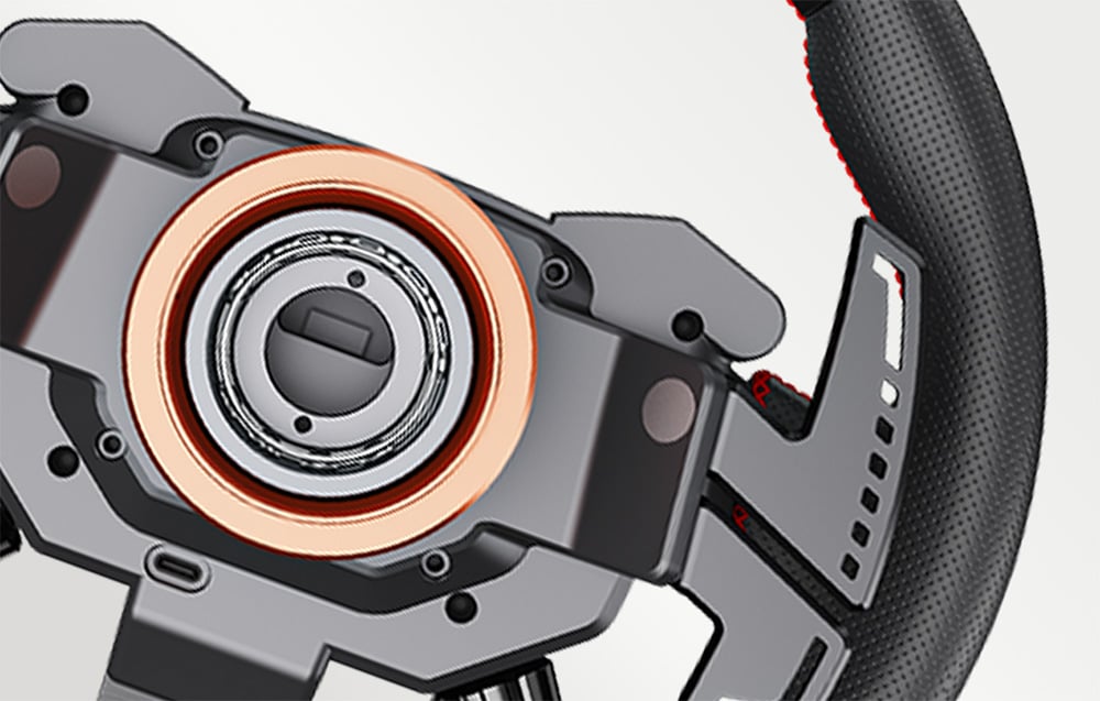 Close-up of a black PXN gaming steering wheel on a gray background