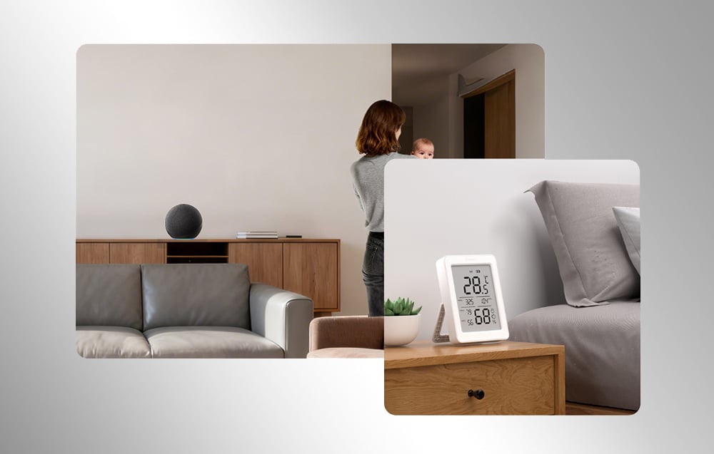 The Sonoff sensor is placed on the bedside table in the bedroom next to the bed, with visible temperature and humidity measurements.