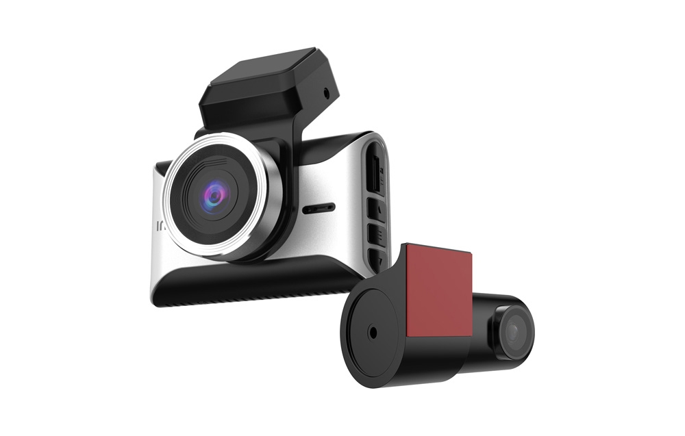Silver-black dashcam with a large lens and a smaller, black rear camera with a red mounting strap