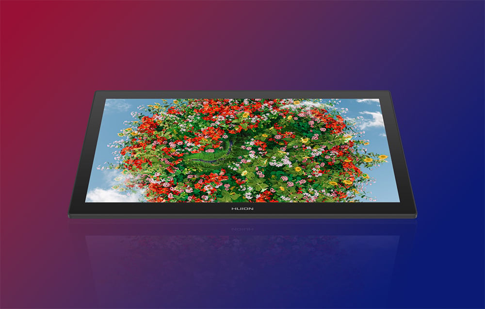 Huion graphics tablet with a display showing a colorful illustration of flowers on a gradient background