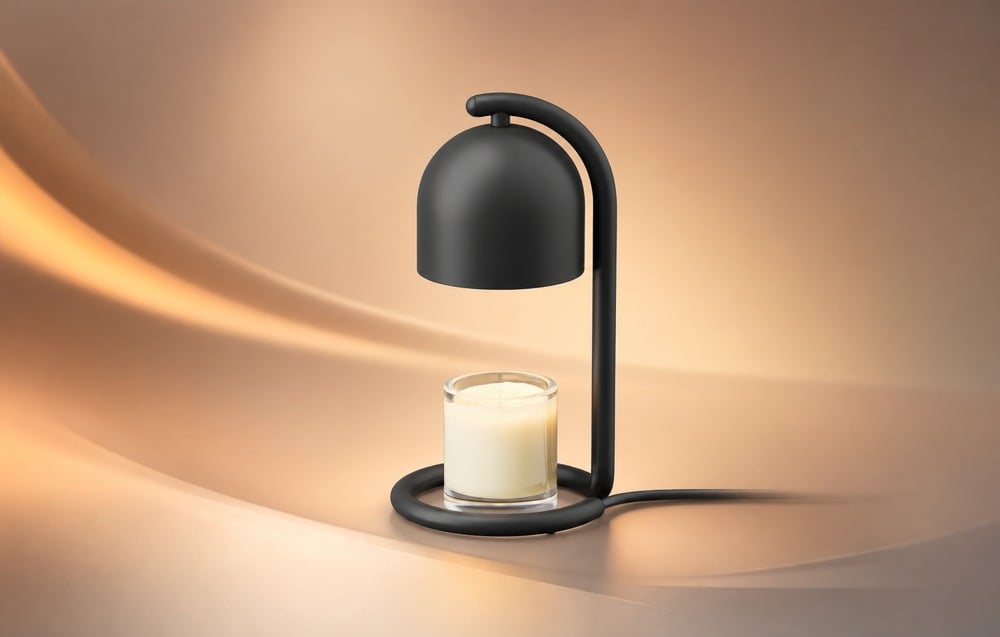 A black candle warmer illuminating a scented glass candle, set against a gold background