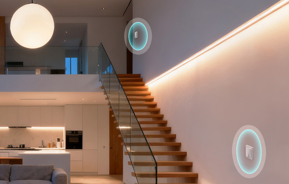 Modern house with a bright kitchen, stairs leading to the first floor next to it
