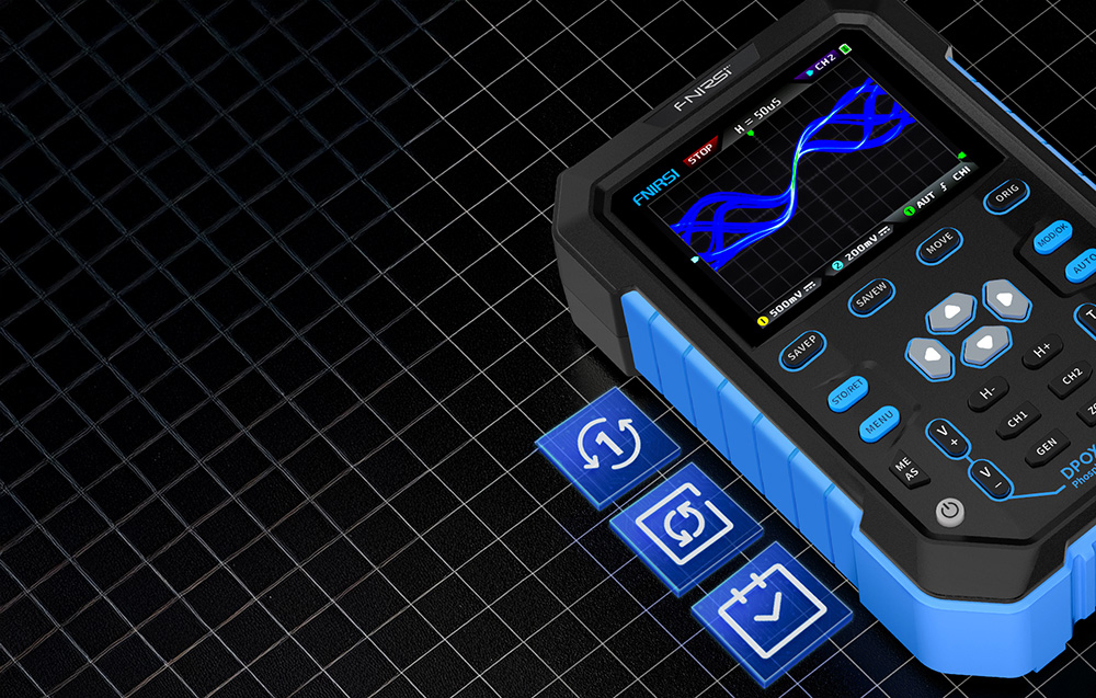 An oscilloscope lying next to three blue icons with functions