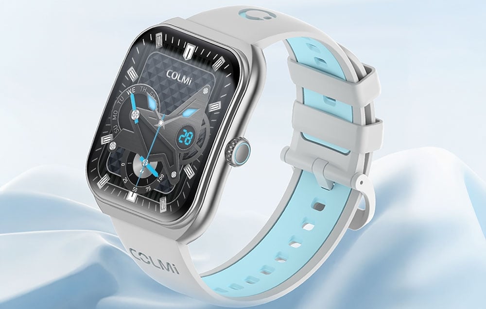 A white and silver smartwatch on a blue background.