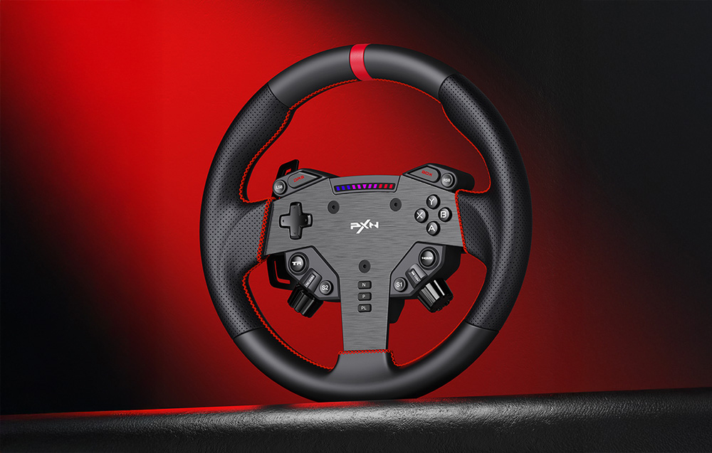 PXN gaming steering wheel on a black and red gradient background