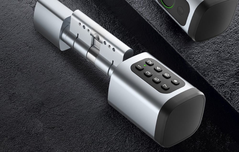 Silver digital lock cylinder on black background