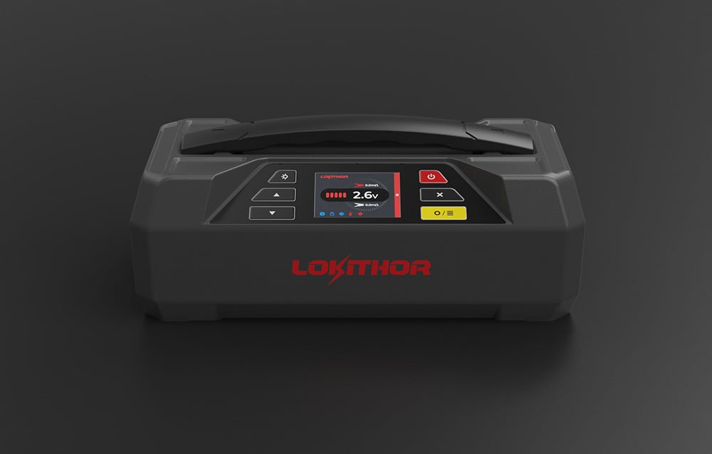 Black LOKITHOR, jump starter with a color screen and handle on a dark background.