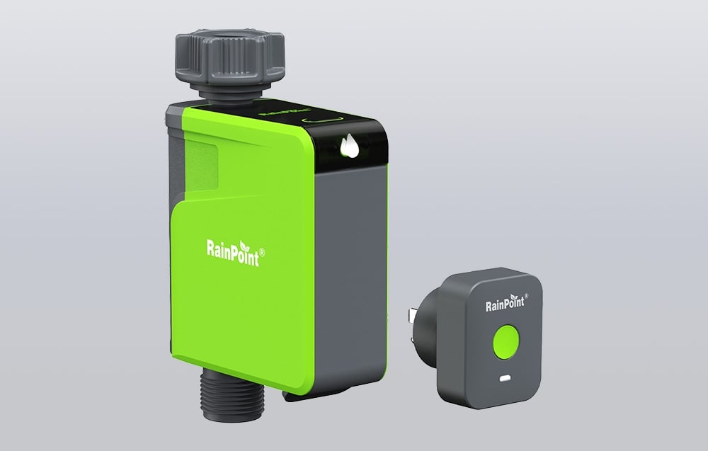 RainPoint irrigation controller with a Wi-Fi gateway next to it on a gray background.