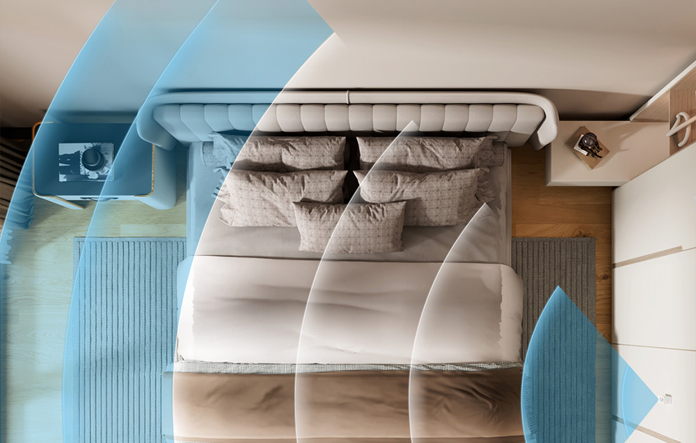 Top view of a bedroom with a presence sensor mounted on the wall