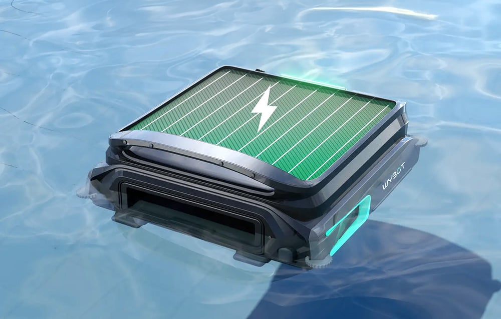Wybot F1 robot with solar panel floating on the water surface