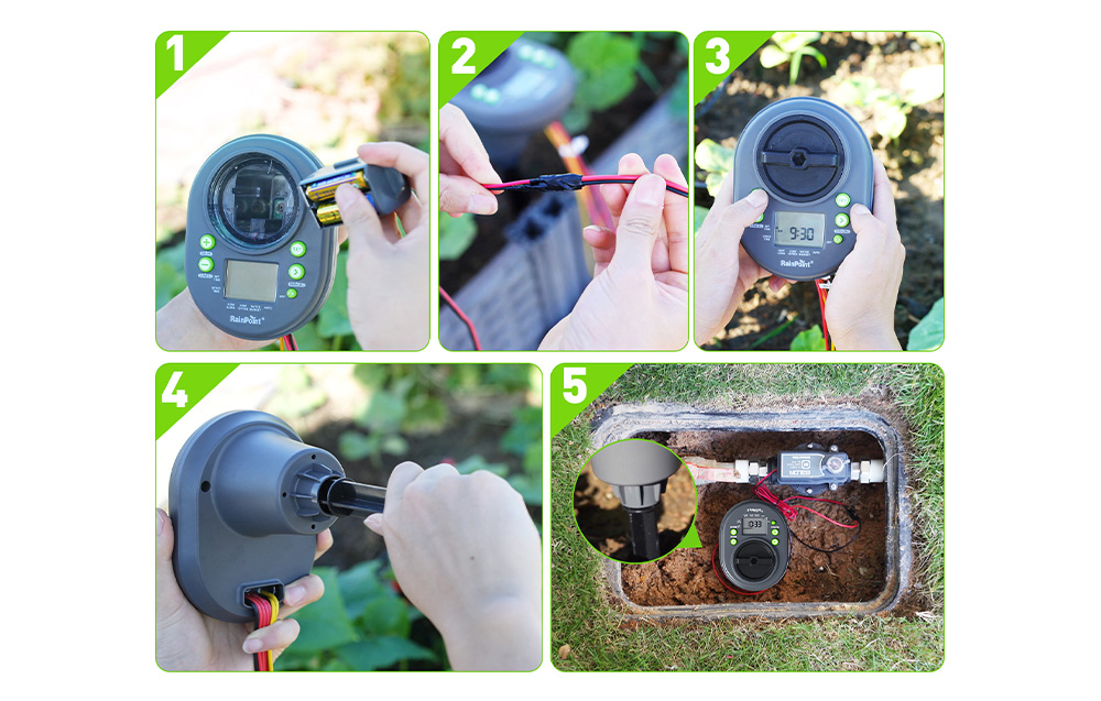 5-step installation guide: inserting batteries, connecting wires, programming, and in-ground installation