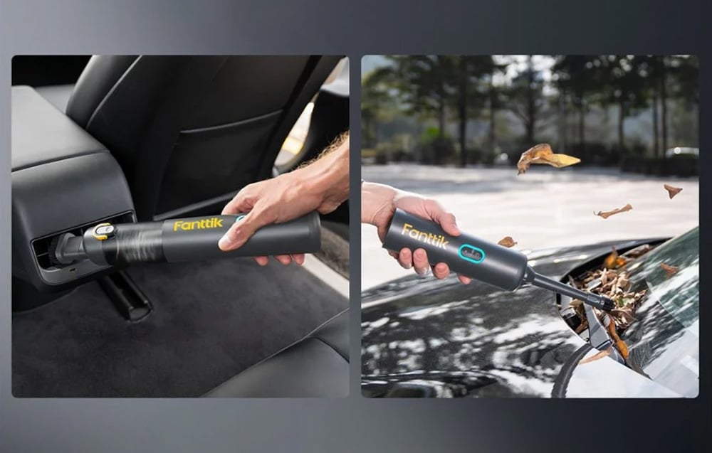 A car vacuum cleaner cleans the car's air vents. Next to it, a vacuum cleaner removes leaves from a car window.