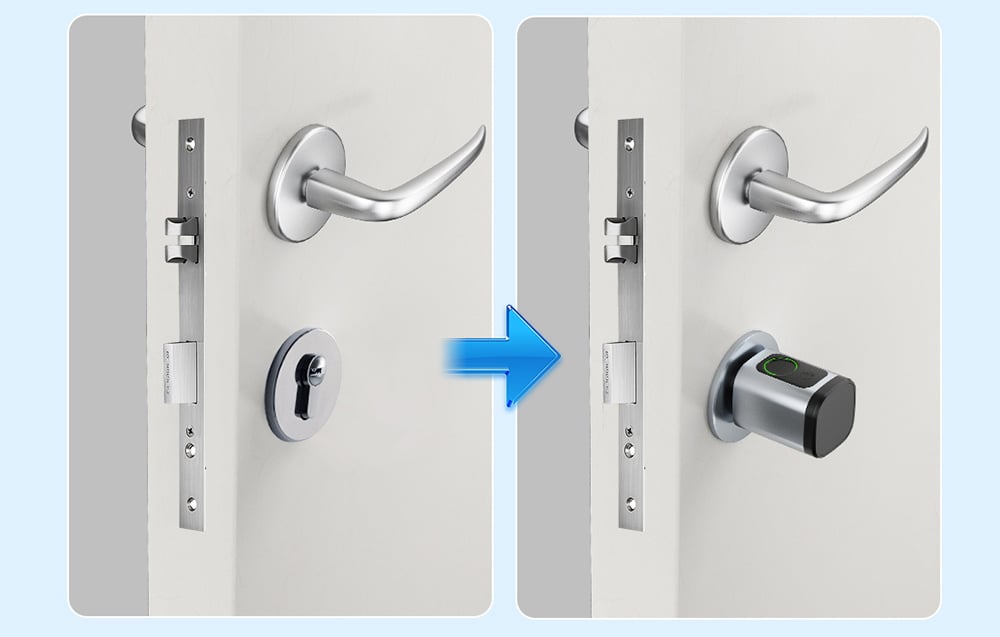 a pair of doors: with traditional lock and with digital lock cylinder