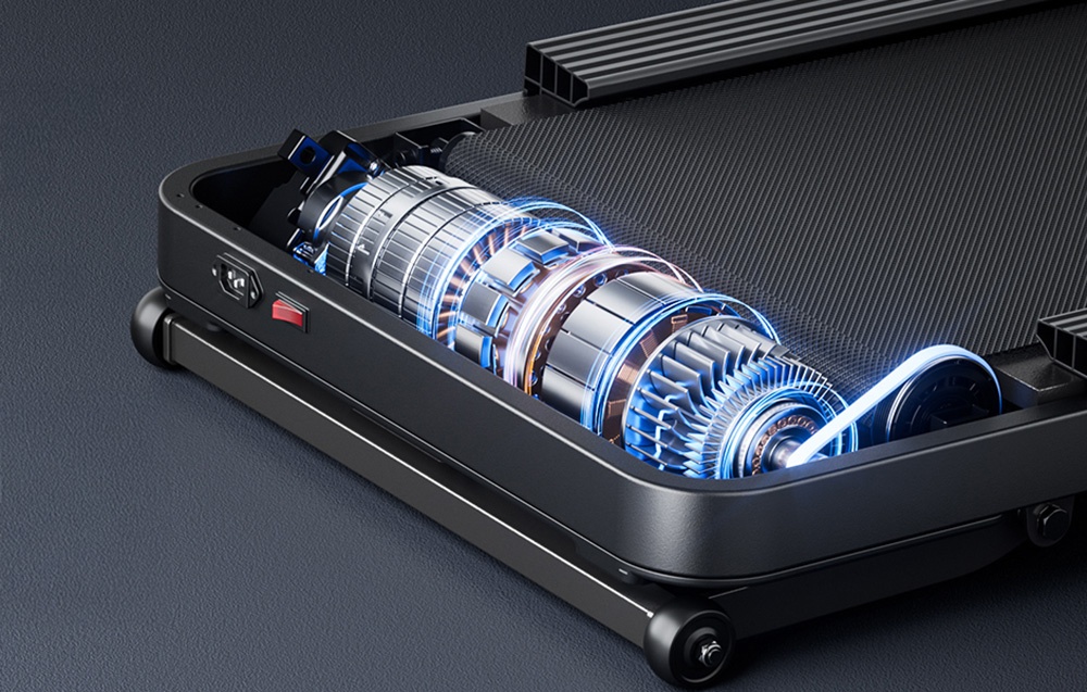 The interior of the open housing of a black Merach treadmill with a visible metal motor and blue lines of light