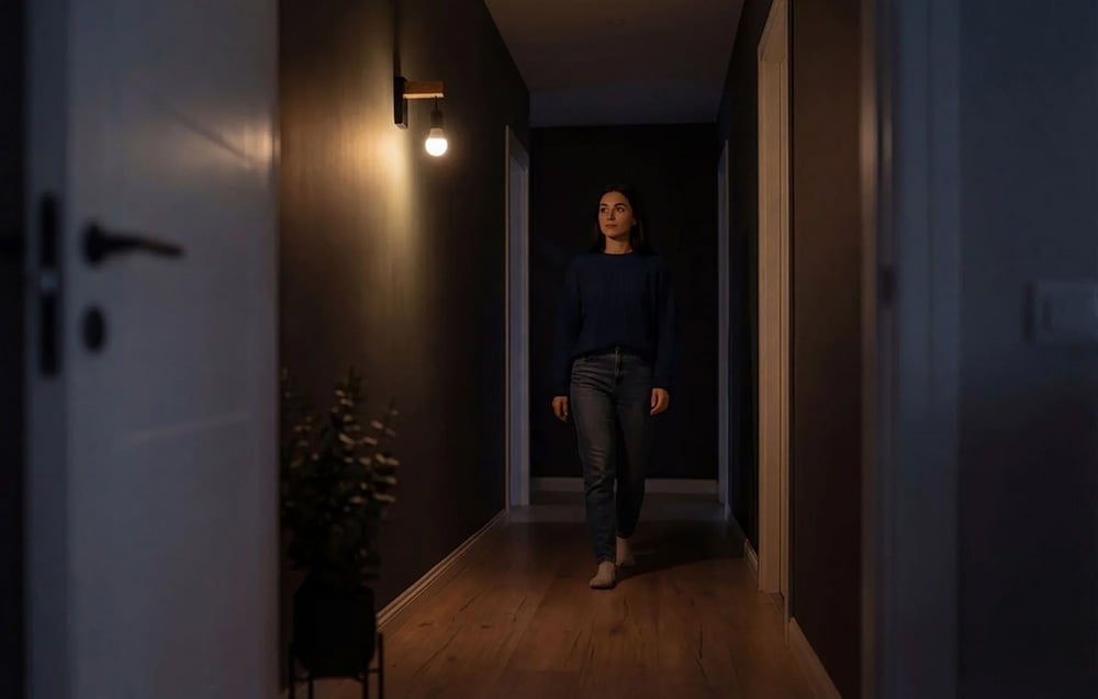 A woman in a blue sweater walks through a dark hallway, lit by a wall lamp with a wooden element