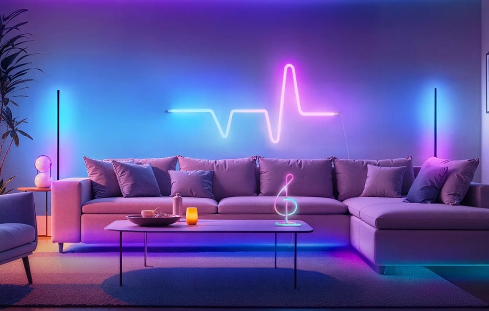 A child’s bedroom at night with a cat-shaped nightlight and glowing cloud-shaped decorations on the wall.