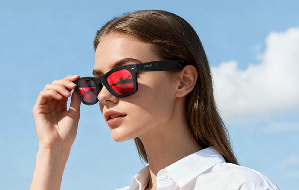 A woman in a white shirt and black glasses with red lenses against a sky background