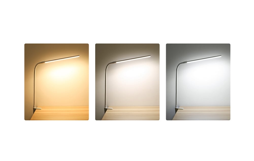A series of three shots of the white desk lamp, each with a different light tone: warm, neutral, and cool.