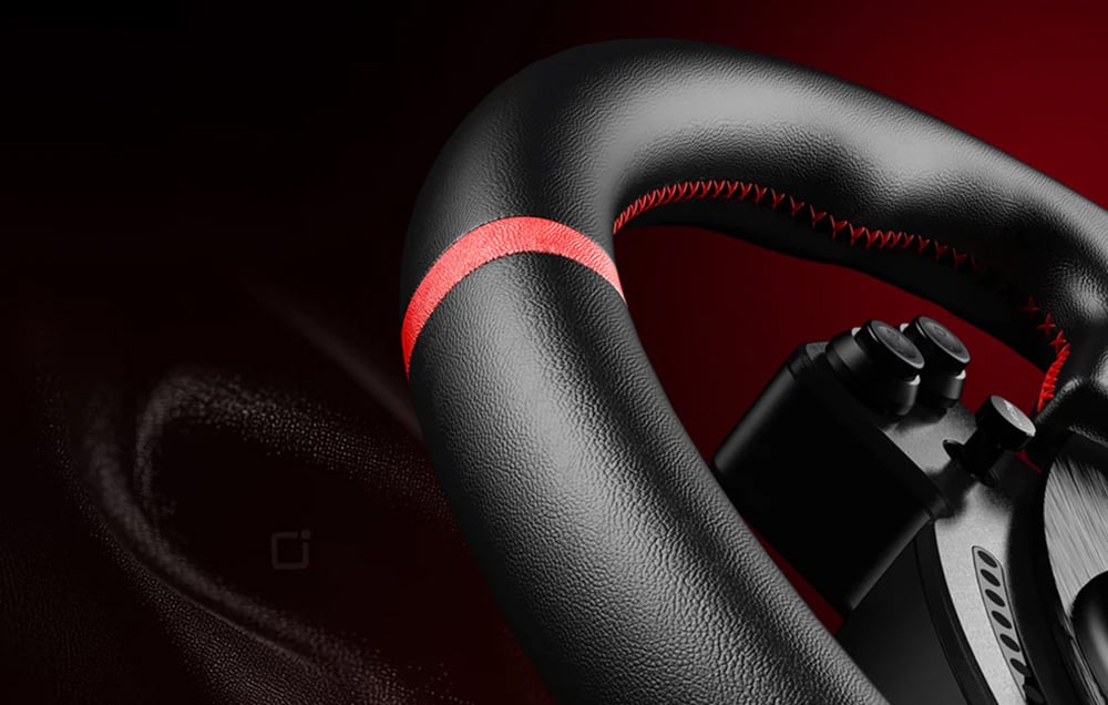 Close-up on the wheel of the gaming steering wheel.