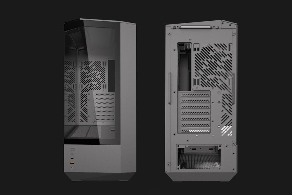 Black computer case with front and back showing ventilation and interior on black background