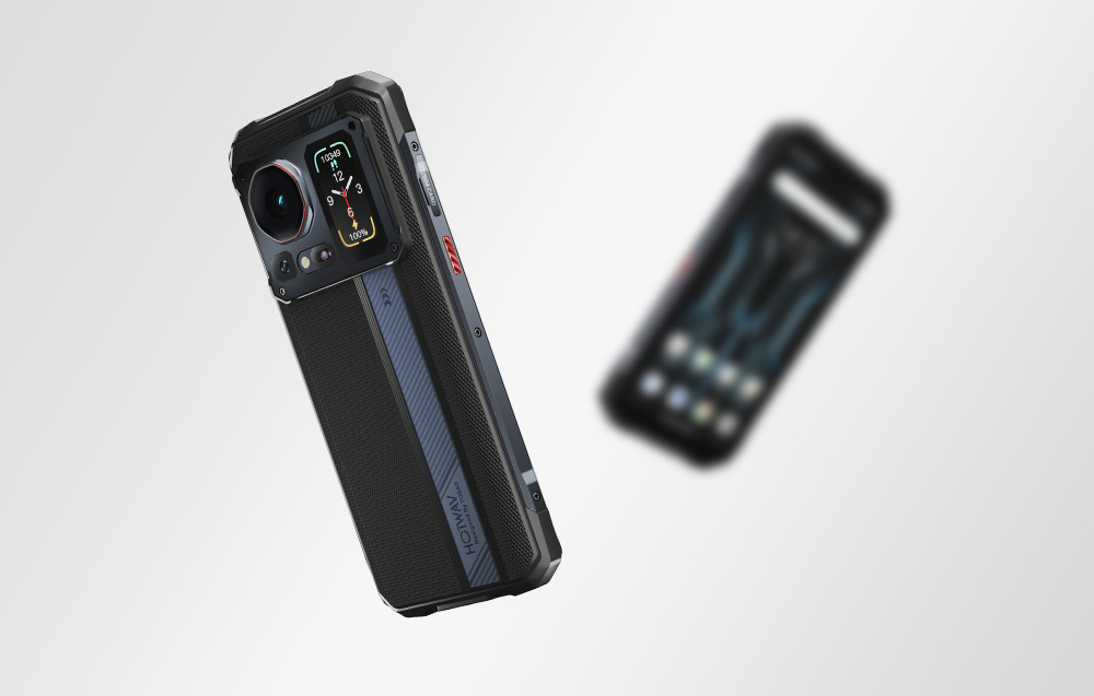 Render of the HOTWAV smartphone in flight, showing details of the case and a diagonal strip with the logo on the back.