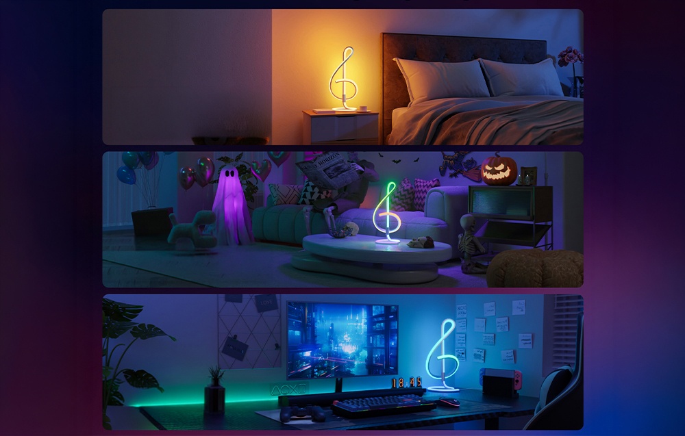 Three shots showing the same treble clef lamp in a bedroom, a living room with decorations, and next to a gamer’s desk.