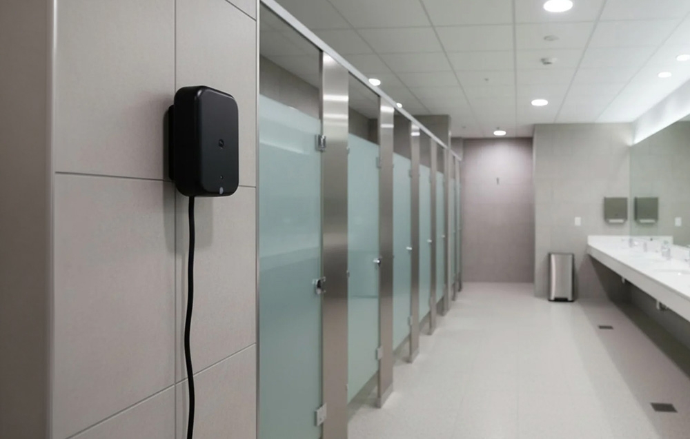 A presence sensor mounted on wall tiles in a modern restroom with a row of stalls.