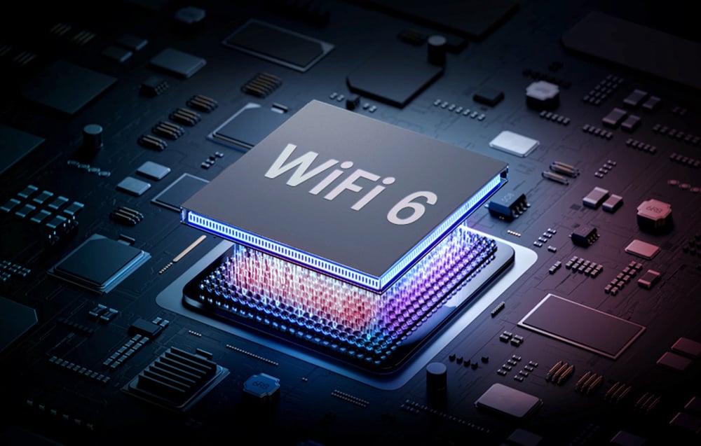 Visualization of the chip with the inscription WiFi 6 on the background of the motherboard, symbolizing modern connectivity