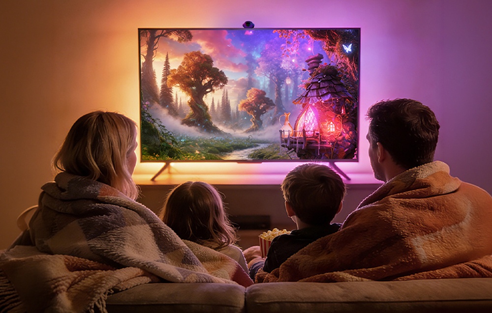 A family with two children is sitting on the couch in the living room under a blanket, watching a cartoon on TV