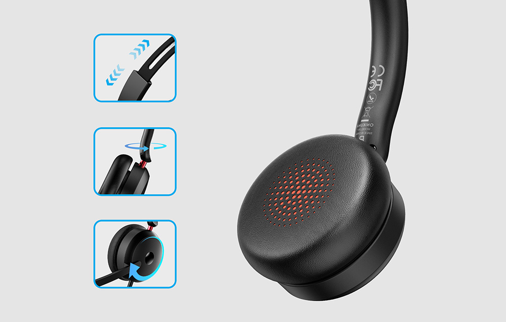 Three graphics showing the adjustability of Onikuma headphones