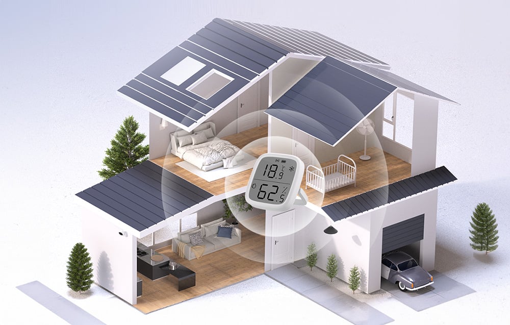House floor plan showing the interior rooms, with the temperature and humidity sensor in the center