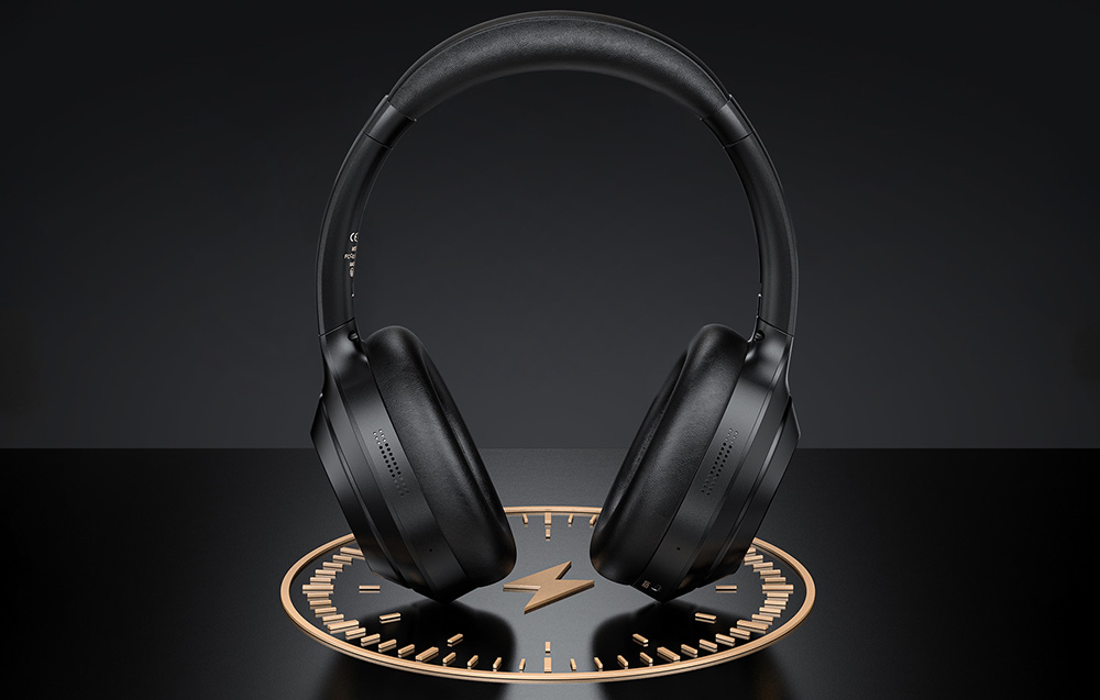 Black headphones floating above a watch pictogram