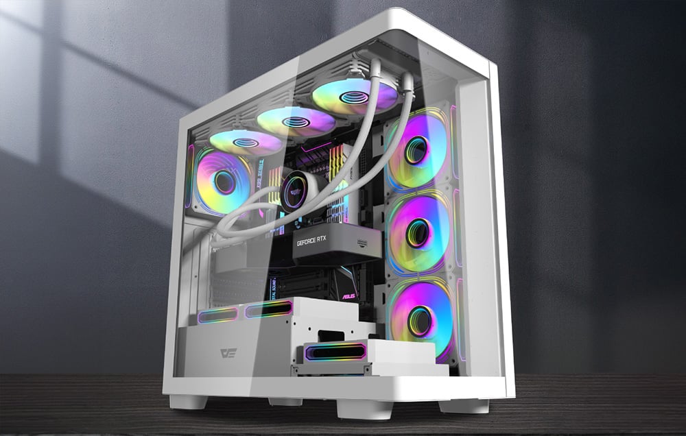 White computer case with components installed, standing in a dark room