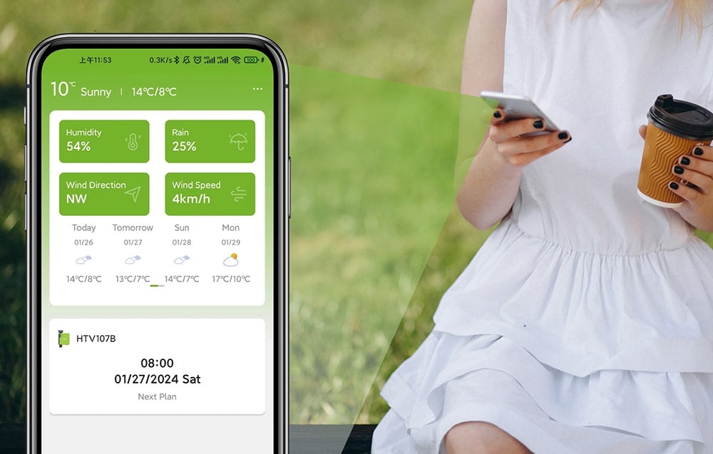 A woman in a white dress using the RainPoint Tuya app on her smartphone.