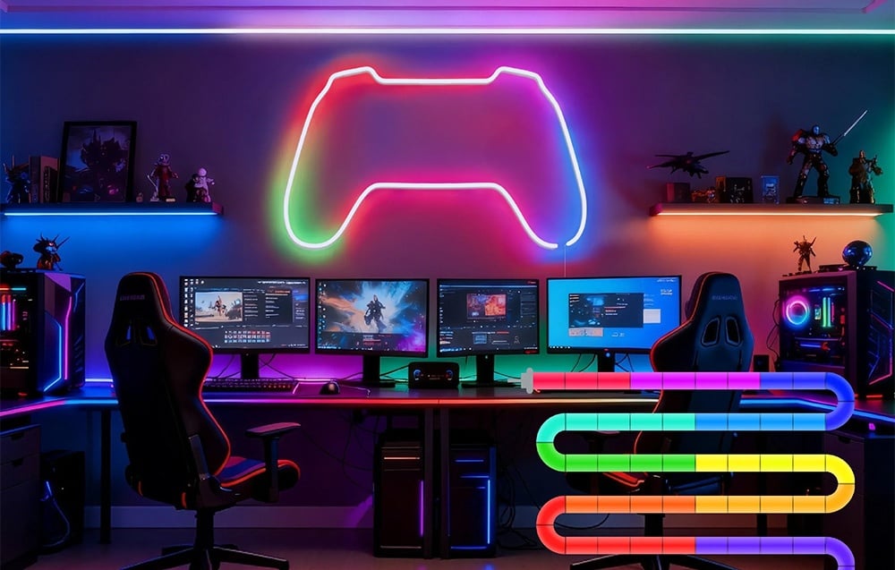 A colorful neon sign shaped like a game controller above a gamer’s computer setup.