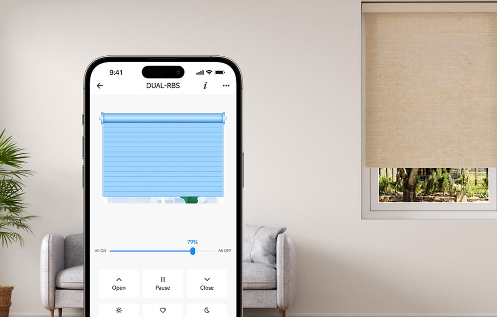 Smartphone displaying blind control app with position slider and control buttons