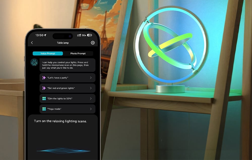 A smartphone screen displaying a lighting control app against the backdrop of a wooden shelf with a glowing desk lamp.