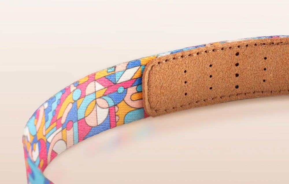 A close-up of the colorful patterns of the PGYTECH neck strap