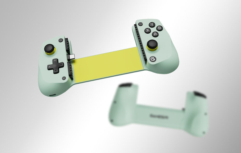 Green GameSir controller without phone, stretched in position ready for smartphone mounting.