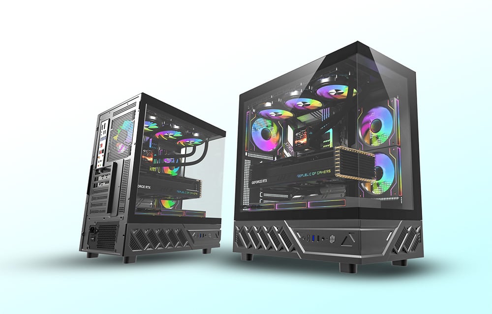 Two black PC cases with RGB fans in different sizes on a light background