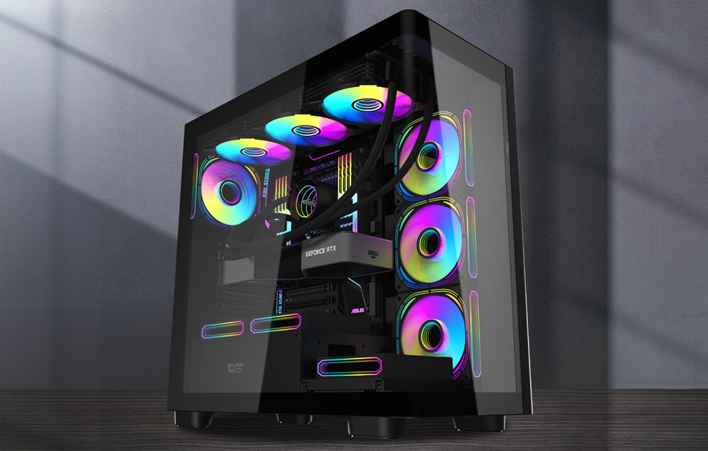Black computer case with glass panels and colored fans inside