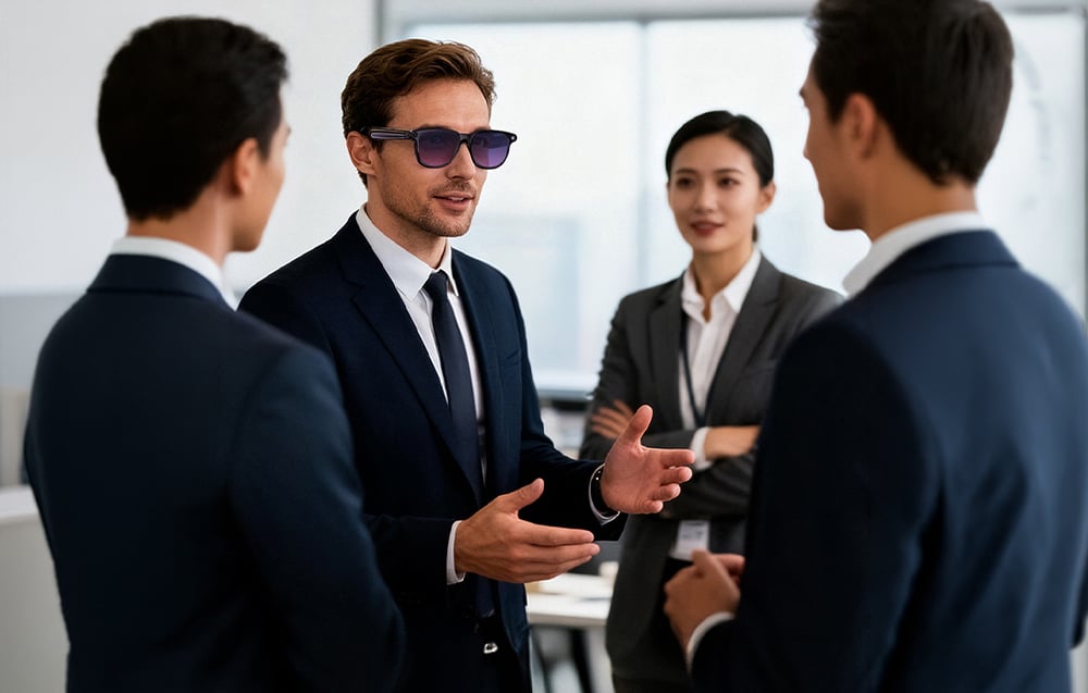 A man in a suit and smart glasses talks to a group of people in an office