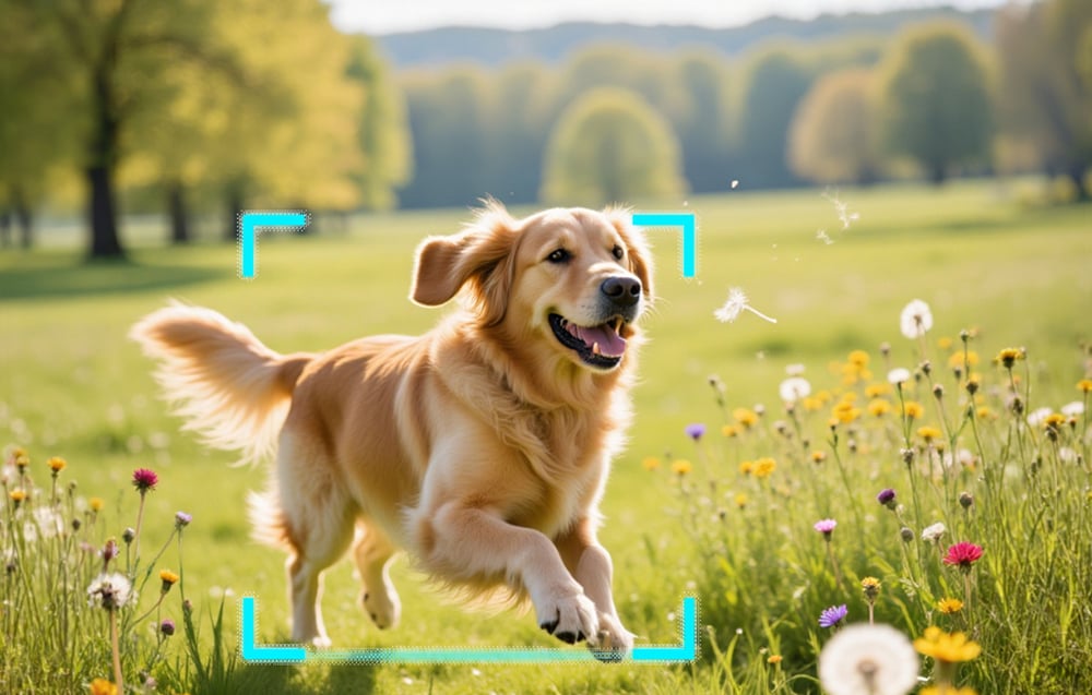 A golden retriever running through a flower-filled meadow, framed in turquoise