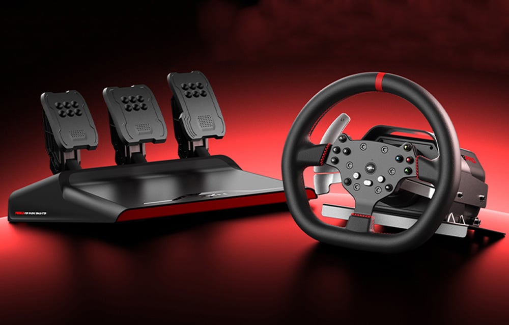 PXN-V10 Pro gaming steering wheel with three-pedal pedals set against a red and black background