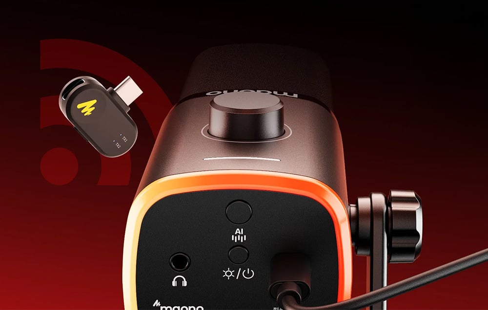 A close-up of the bottom of the Maono microphone with buttons and ports, and a USB-C receiver floating next to it
