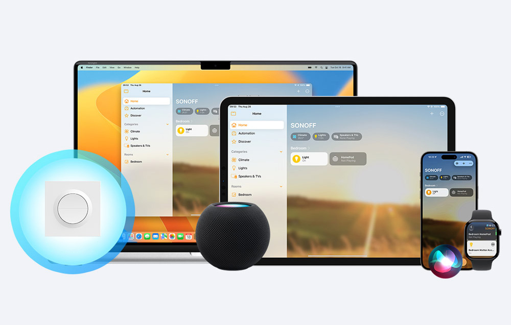SONOFF Matter ecosystem with all Apple devices - MacBook, iPad, iPhone, Apple Watch and HomePod with control app