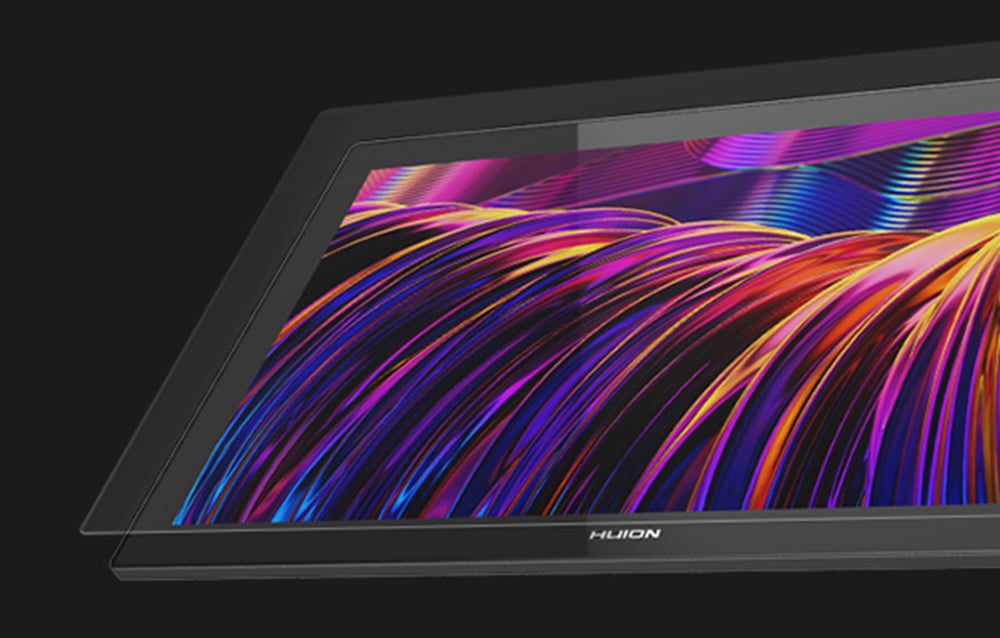 Close-up of Huion tablet screen with abstract graphics full of dynamic colorful lines in purples and oranges