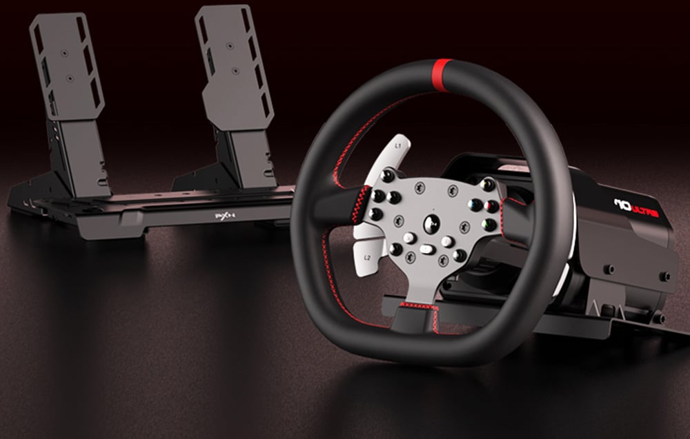 PXN steering wheel with two-point pedals set against a dark background with the VIO Ultra logo visible on the base
